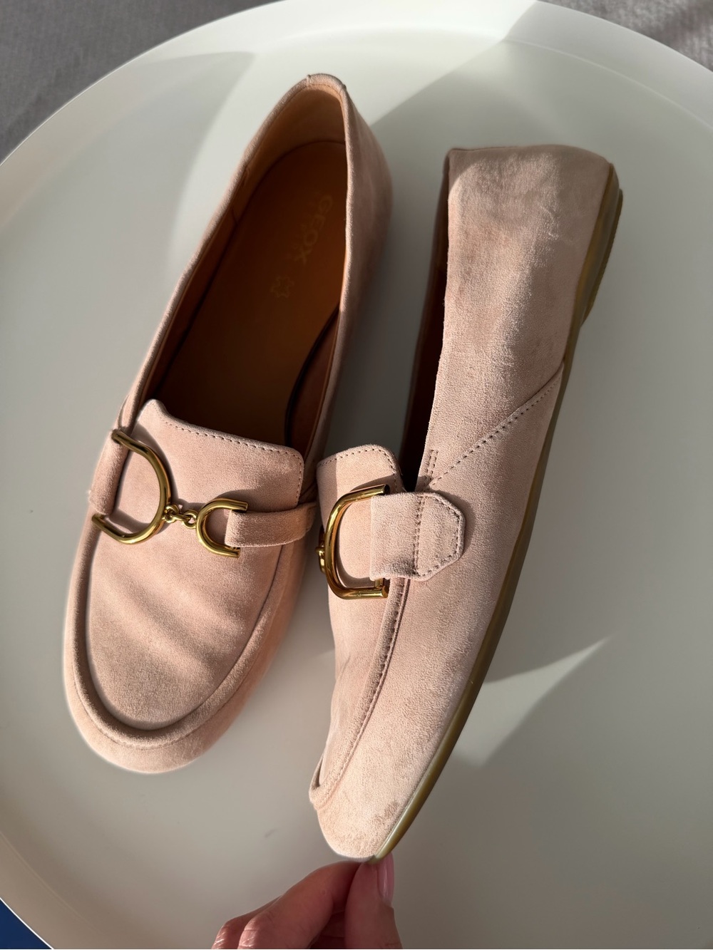 Geox Blush Pink Suede Loafers with Gold Buckle